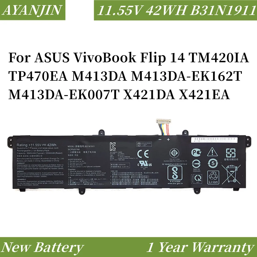 

B31N1911 Battery For ASUS VivoBook Flip 14 TM420IA TP470EA M413DA M413DA-EK162T M413DA-EK007T X421DA X421EA C31N1911 3640mAh New