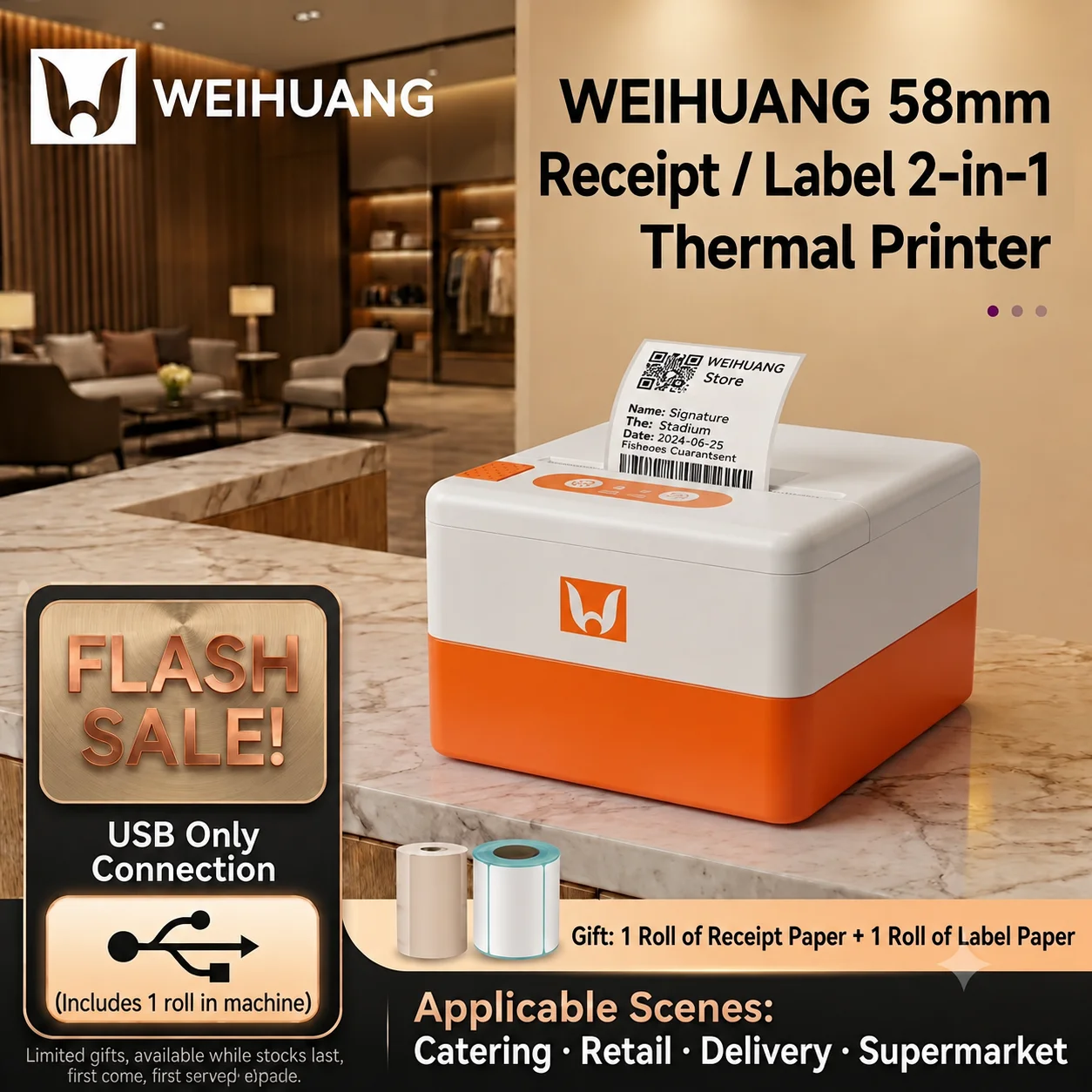 WEIHUANG P20 58mm 2 Inch Portable Thermal Label Receipt Printer USB Barcode Sticker Maker for Price Tag Small Business POS