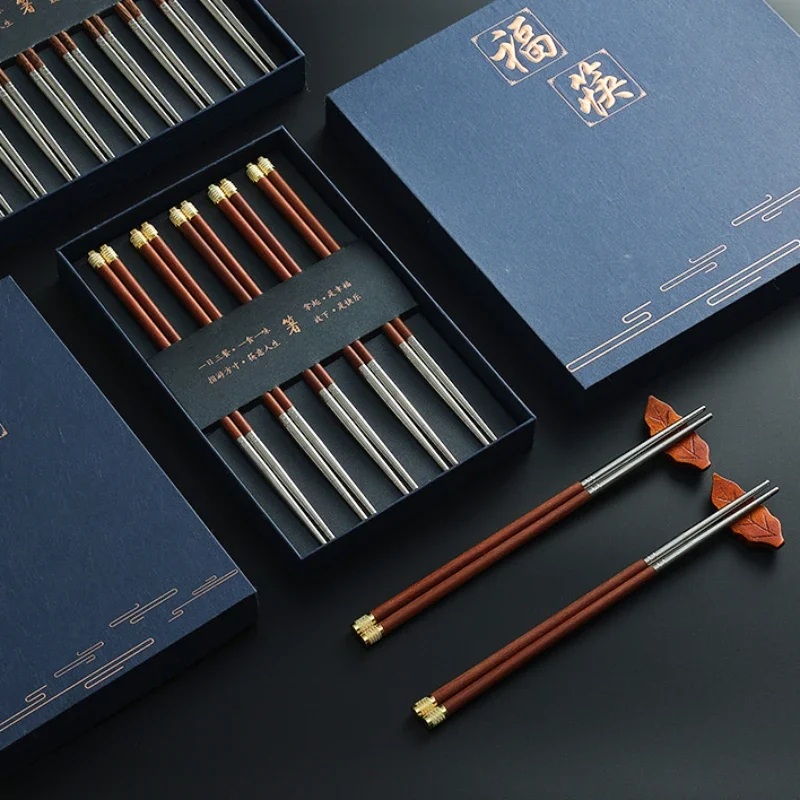 Wooden Chopsticks Set Stainless Steel Chopsticks Chinese Style Luxury Gift Box Tableware Chinese Kitchenware Business Gifts