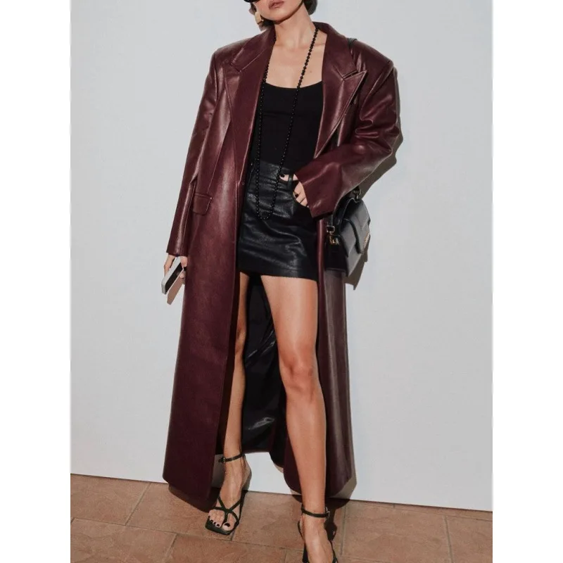 Women Autumn Long Leather Jacket Pu Leather Trench Coat New Retro Elegant Simple Luxury Harajuku Streetwear Brand Trends Eco