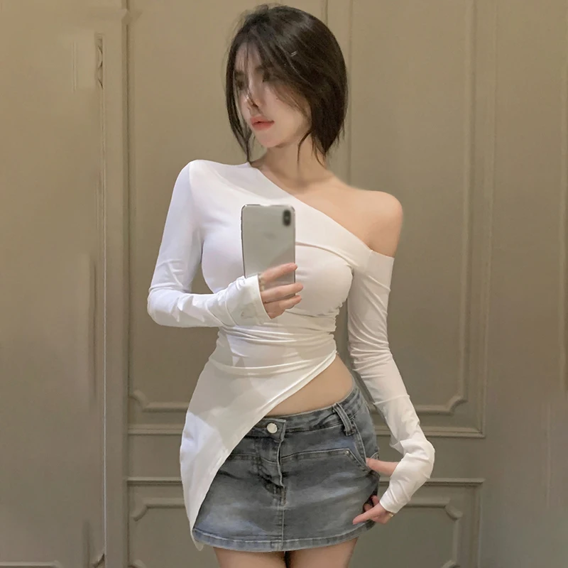 Sexy Spring Long-Sleeved Off-Shoulder Irregular Design Top Autumn Solid Color Fashion Korean Style Retro Sloping Collar