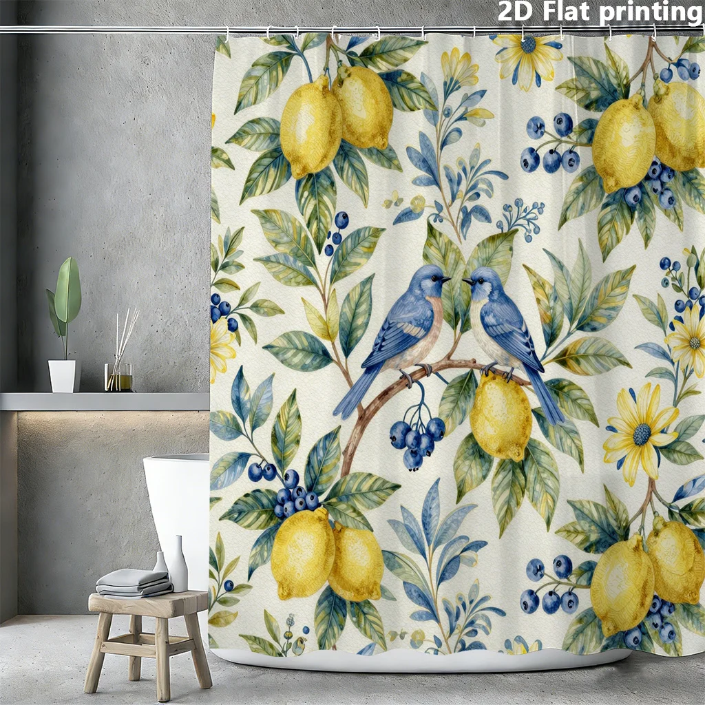 Floral Lemon Bird Shower Curtain, Cream Fabric Blue Fruit Yellow Bloom Simple Pattern Waterproof Partition Curtain Home Shower