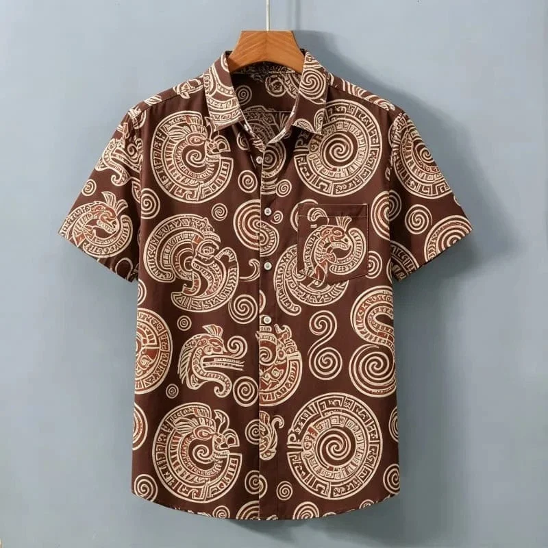 Tribal Totem Printed shirt, men's Short Sleeved Shirt With pockets, Suitable For Daily Wear And Mysterious Tribal Atmosphere