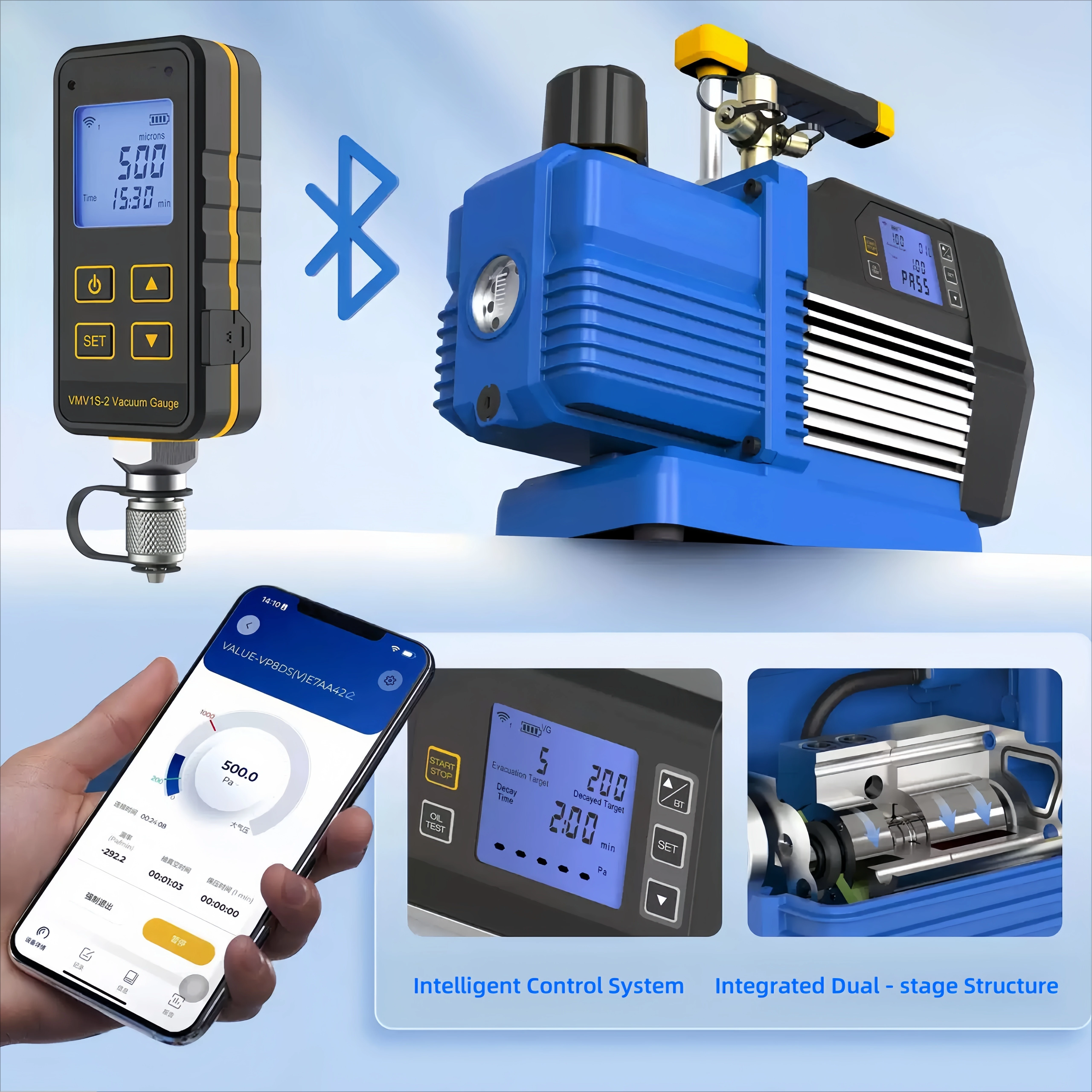 VP8DSV Smart Dual - Stage Refrigeration Vacuum Pump 220V 3/4HP 226L/min Mobile - Operated With  Vacuum Gauge