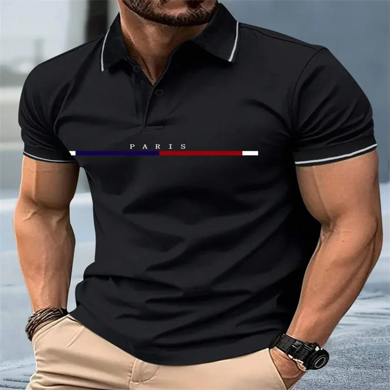 

Men's fashion Polo shirt with contrasting black, Parisian graphics, and tricolor stripes - casual, suitable for urban streetwear