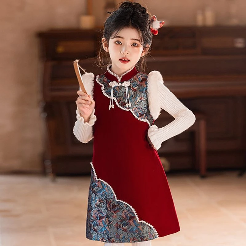 فستان بناتي شتوي جديد لعام 2025 من Hanfu Qipao فستان سترة حمراء + طقم سترة ملابس السنة الصينية الجديدة للأطفال فستان حفلات الزفاف المسائية