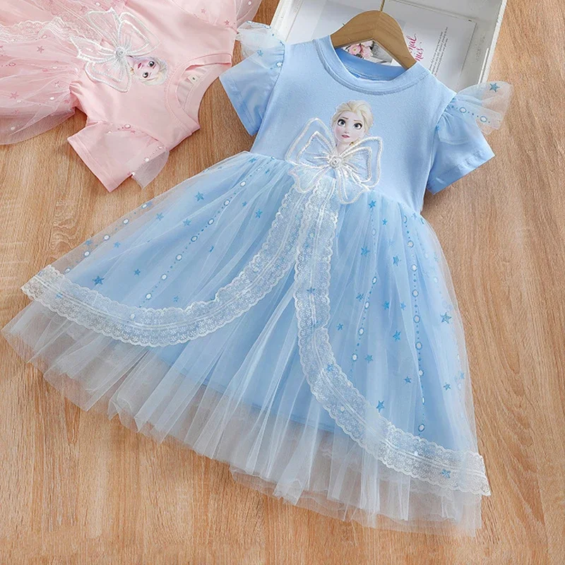 Summer New Baby Girls Princess Dress Kids Short Sleeve Clothes Disney Frozen Dress Children Birthday Party Costume Elsa 2-9Y