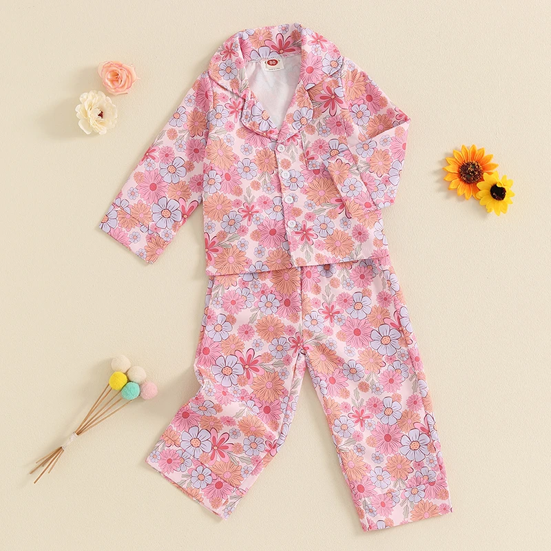 Kids Girls Autumn 2 Pieces Pajamas Sets Floral Print Button up Long Sleeves Tops and Elastic Pants Satin Loungewear Sleepwear image 3