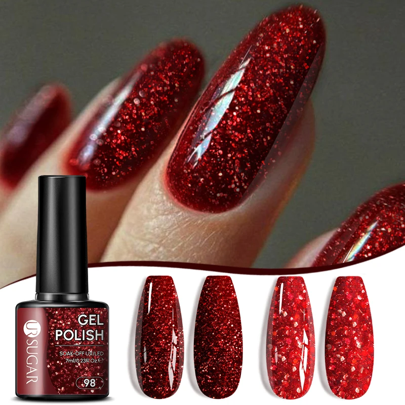 UR SUGAR 7ml Vermelho Glitter Gel Unha Polonês Cristal Semi Permanente Soak Off Verniz Gel UV Dia dos Namorados Manicure Base Top Coat