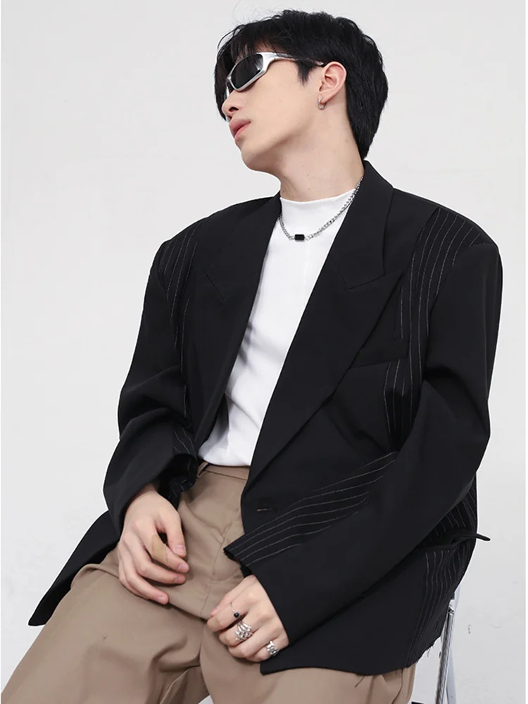 Striped Menswear Black Suit Coat 2022 Spring New Korean Trend Jackets Korean Loose Design Double Breasted Casual Blazer