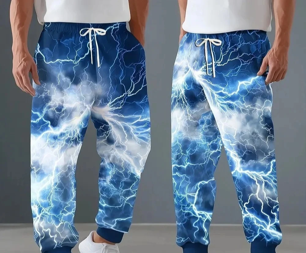2026 Hot Selling Fashion Gothic Style Red and Blue Lightning Pattern Limited Design Short Sleeved 3D Printed Pants in Large Size