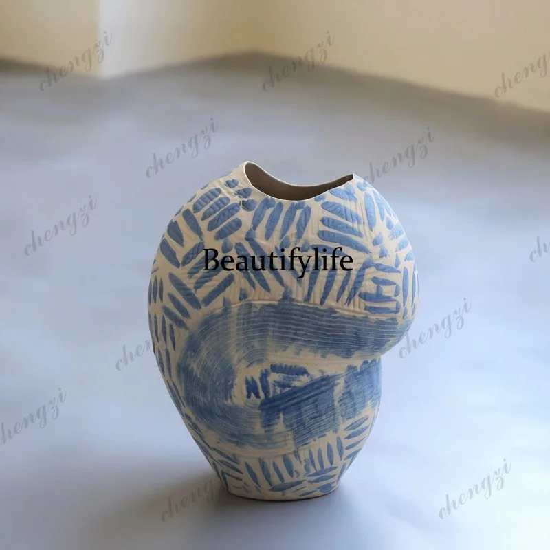 Wabi-sabi style vintage blue-patterned ceramic vase, handmade floral vessel, living room model room, entryway decorative piece