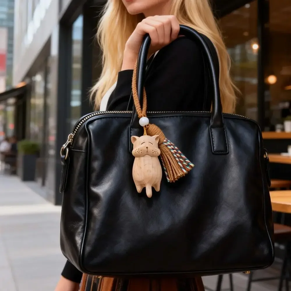 Retro Tassel Handcrafted Wooden Cat Pendant Bags Decoration Money Catching Cat Cat Keychain Wooden Material Bag Pendant
