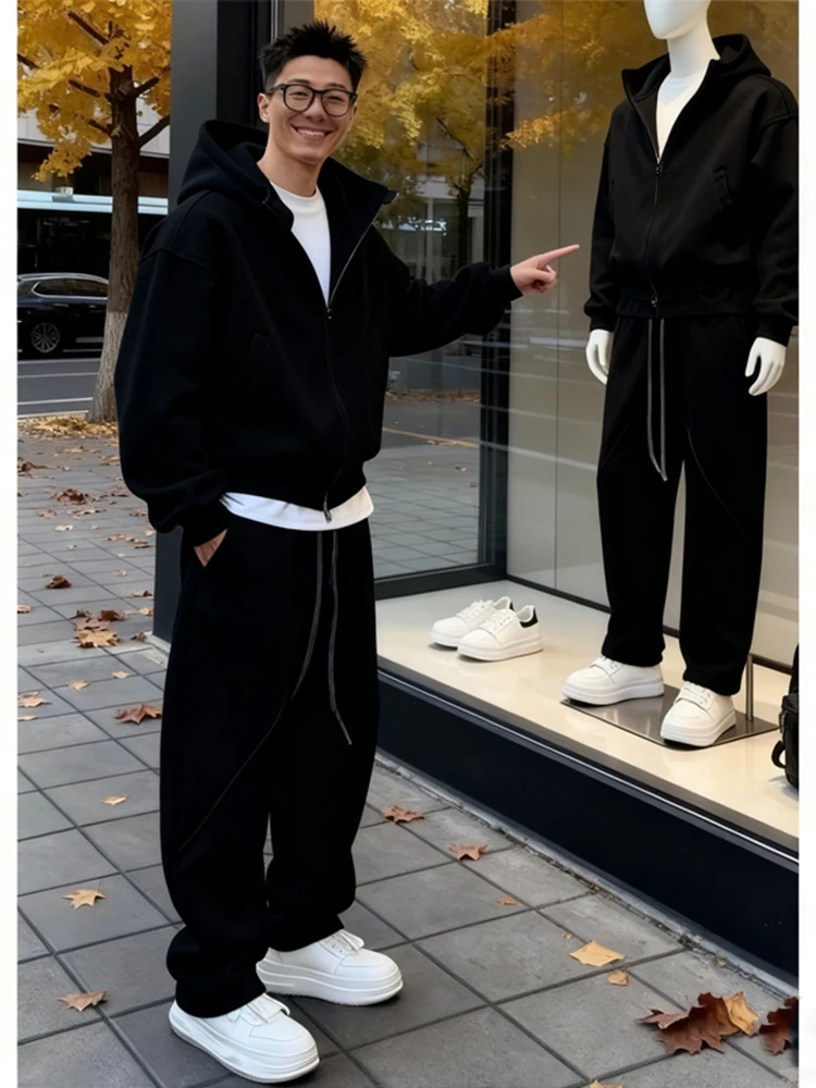 

Cool American Sle Men's Bla Sportswear Set Autumn Winter Long Sve Hoodie And Pants Two Piece Set for Teenage Boys