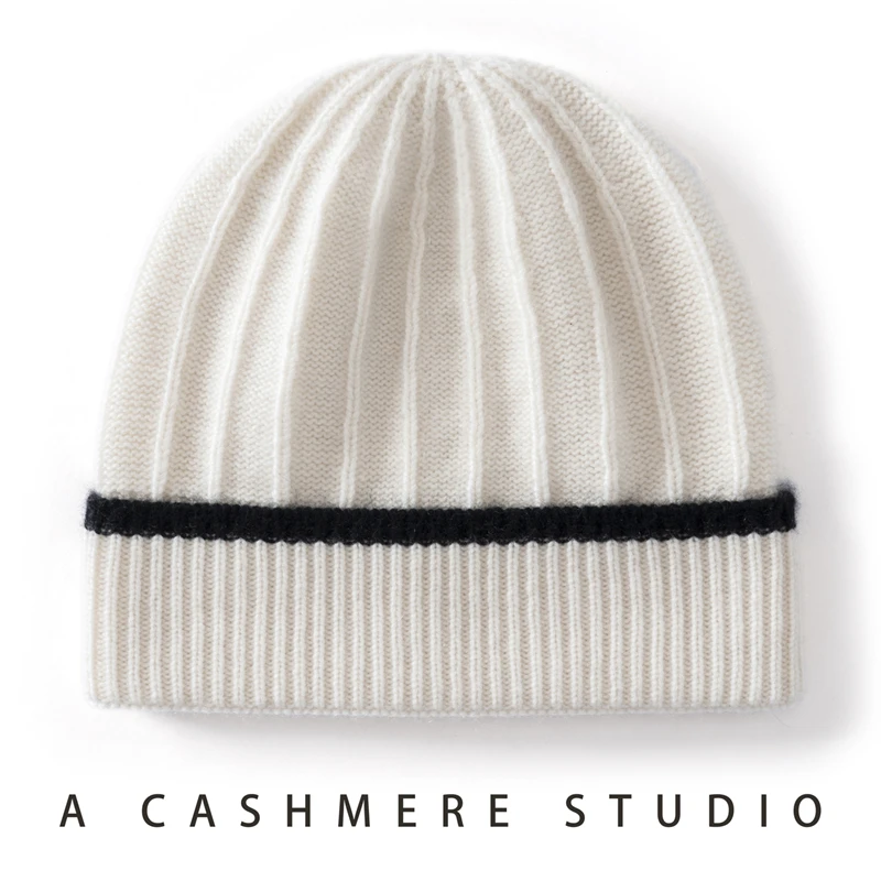 High Quality 100% Cashmere Knitted Hat Men Women Color Blocked Hat Autumn Winter Warm Ear Protection Hat Fashion Flip Up Cold Ha