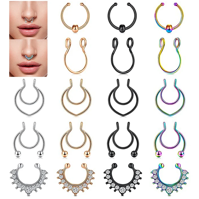 Fake Septum Rings Faux Nose Rings Hoop Stainless Steel Faux Lip Ear No Piercing Clip Septum Nose Rings Fake Piercing Jewelry