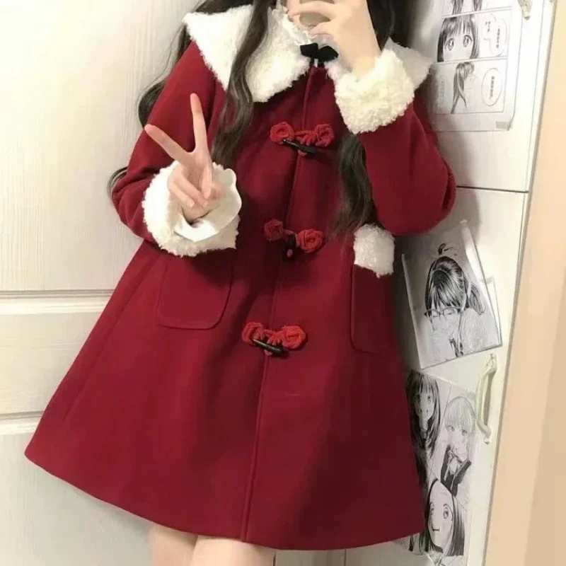 

Winter Red Christmas Kawaii Wool Coat Women Loose Japanese Sweet Lolita Outwear Female Korean Style Pockets Warm Overcoat