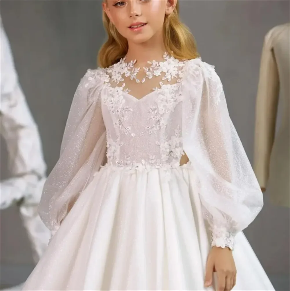 

Flower Girl Dress White Fluffy Tulle Lace Decal Beaded Wedding Elegant Flower Child's First Eucharistic Birthday Party Dress