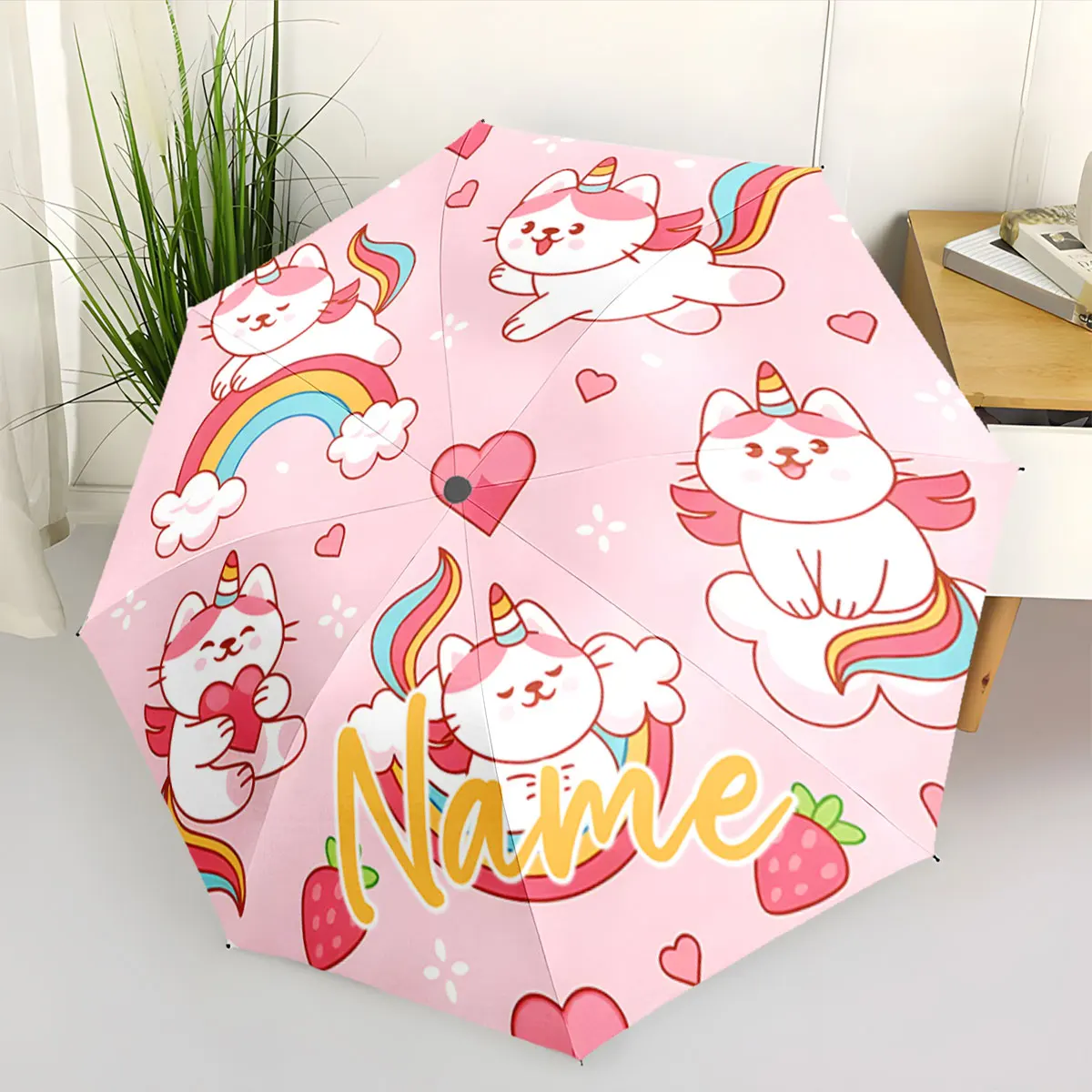Custom Name Umbrella Unicorn Cat Rainbows Umbrella Delight Print 8 Iron Ribs Folding Umbrella Auto-Open Fashion Sunshade