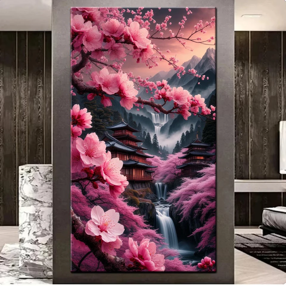 

Landscape Diamond Painting New 2025 Waterfall Pink Cherry Blossoms DIY 5D Embroidery Diamond Mosaic Large Art Home Decor