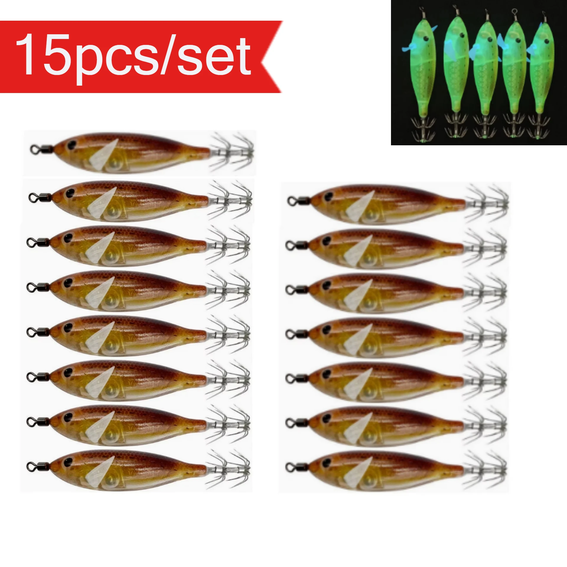 15 Stück/Set Leuchtender Tintenfisch-Jig 8cm/5,7g Garnelen-Angelköder Haken Meeresfischerei-Zubehör Künstlicher Köder Oktopus-Köder