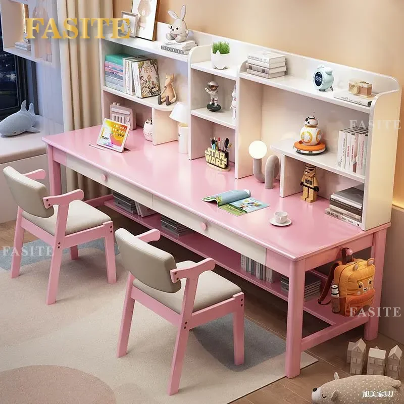 For Junior High School Students Solid Wood Double Long Desk Simple Storage Writing Table for Bedroom Home Study Furniture