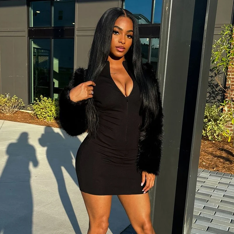 CUTENOVA automne/hiver femmes couleur unie décolleté fermeture éclair manches en fausse fourrure Patchwork à manches longues Sexy ajusté robe moulante