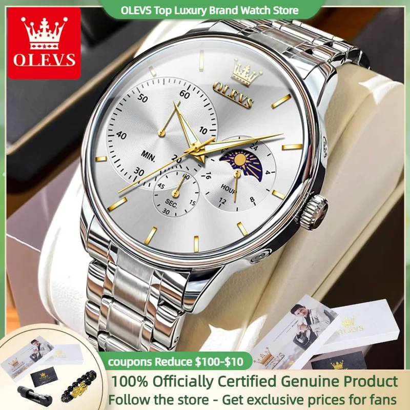 OLEVS Luxury Brand Men\'s Watch High Quality Business Waterproof Lunar Phase Timing Code Classic Casual Original Men Quartz Watch