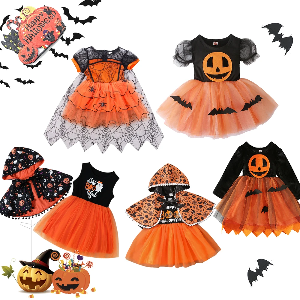 

2024 Halloween Costumes Girl Pumpkin Dress Bat Vampire Newborn Dresses Halloween Carnival Party Pumpkin Witch Clothes 1-6 Yesrs