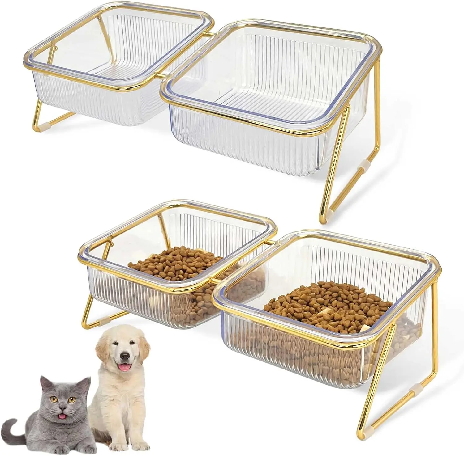 

Elevated Cat Bowls, Raised Pet Food and Water Dishes with 15° Tilt, Double Bowl Set with Sturdy Iron Stand & Non Slip Base, Dis