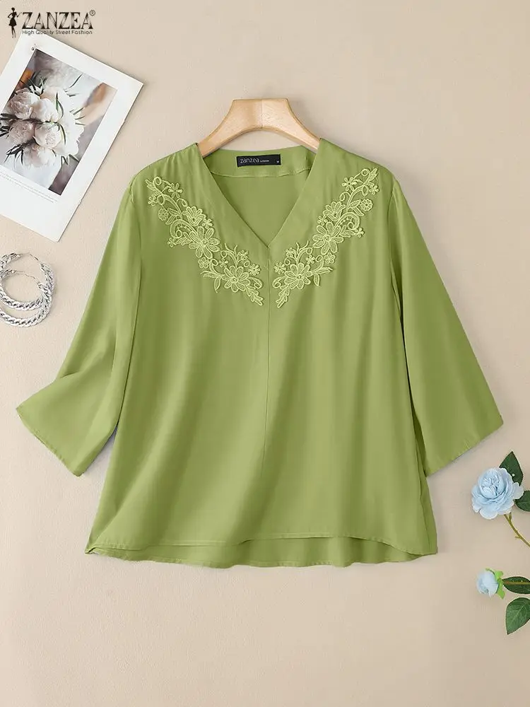 

Womens Elegant Lace Patchwork Solid Color Blouses 2025 Autumn V-Neck Three Quarter Sleeve Casual Blouse ZANZEA Daily Wear Tops