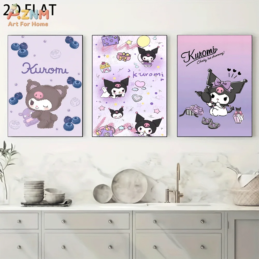 AZNM Kuromi Frameless Canvas Wall Art, Purple Blueberry Dessert Cartoon Poster, Gothic Cute Aesthetic Home Bedroom Decor Paintin