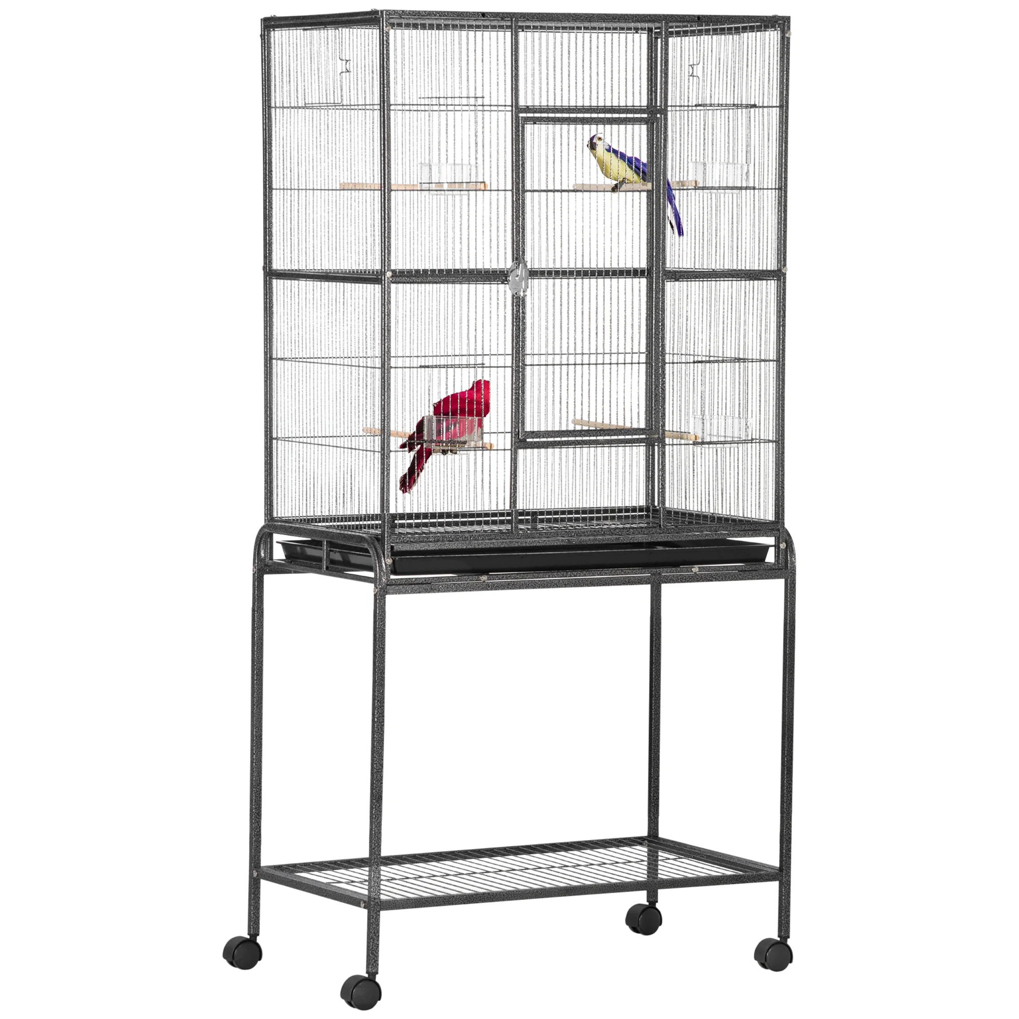 Pawhut Vogelkooi met Wielen Metalen Vogelhuis met Zitstokken Voeders en Plank 81X48X162.5 cm Zwart en Grijs
