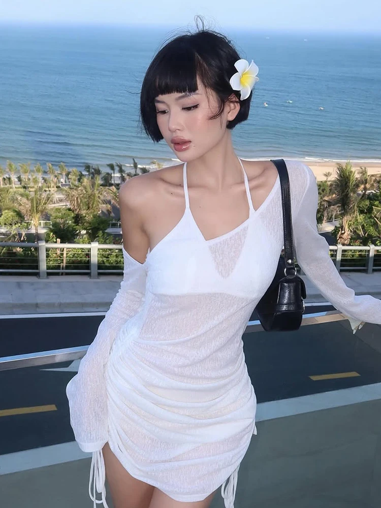 Womens Slim See-through Beach Dress Halter Cold Shoulder Flare Sleeve Side Drawstring Ruched White Mini Sundress