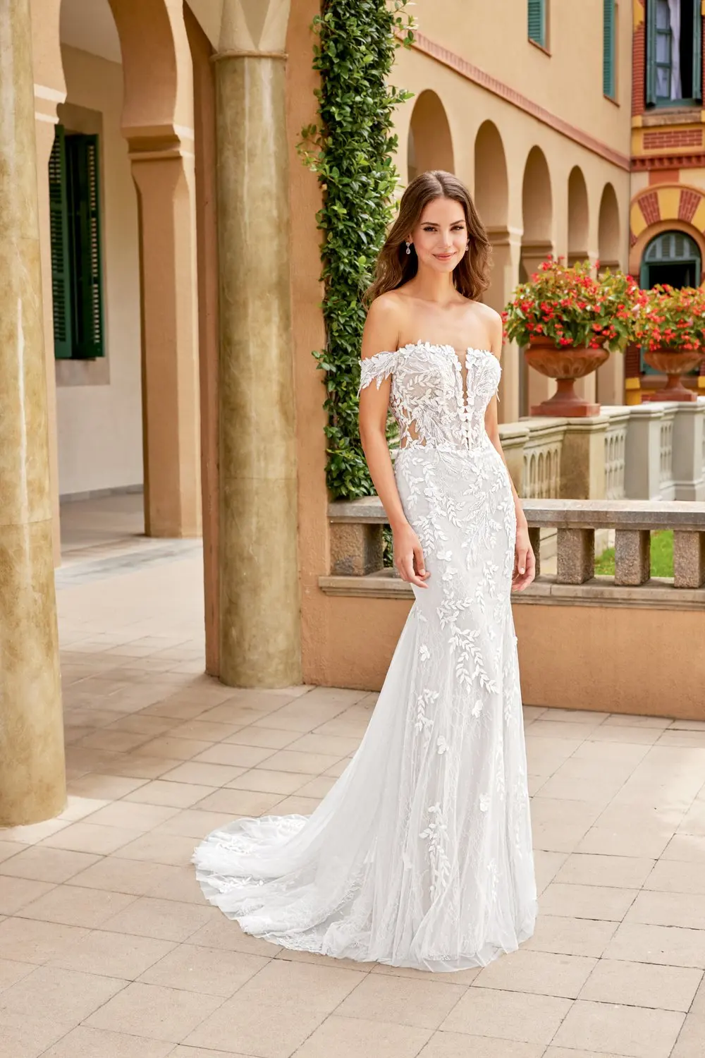 Elegante fora do ombro com decote em v renda applique nupcial cultivado bainha/sereia vestidos de casamento feito sob encomenda 2026 vestido de noiva