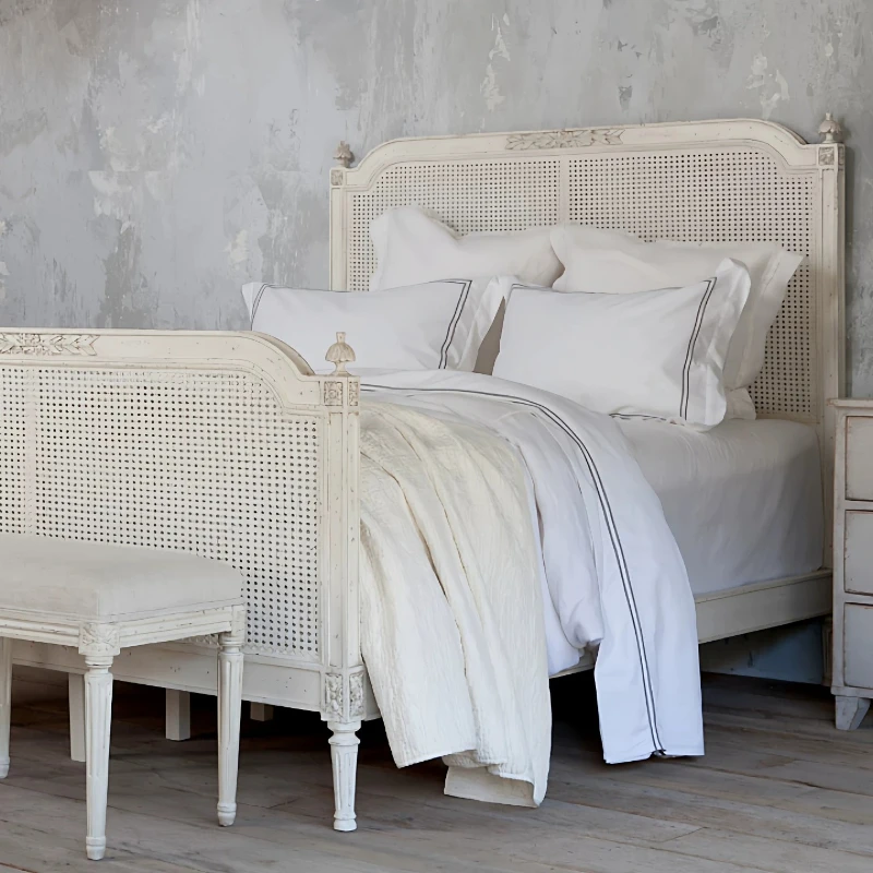 French retro solid wood bed rattan princess bed 1.8 meters master bedroom rattan 1.5 American white old