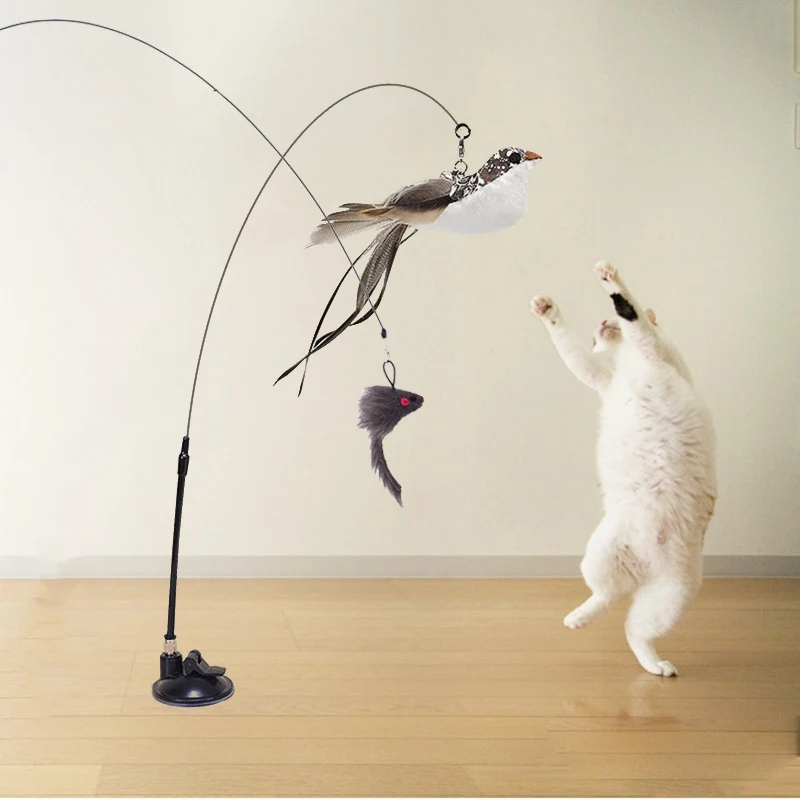 Interactive Cat Toy Funny Simulation Feather Bird with Suction Cup Cat Stick Toy for Kitten Playing Teaser Wand Toy Cat Supplies