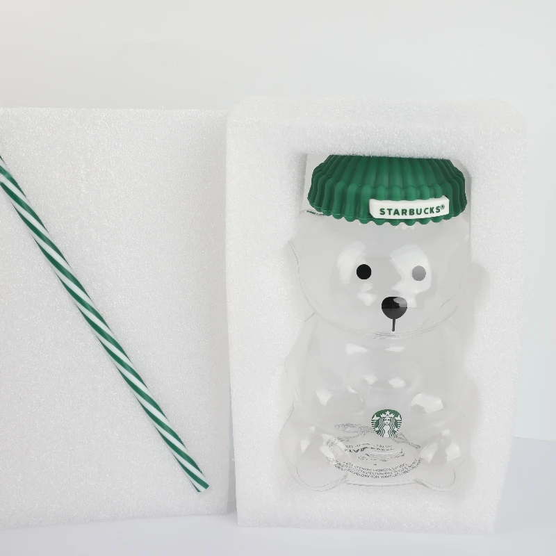 Starbucks Collectible Bearista Clear Glass Cup 20oz Green Silicone Hat Straw Cold Water Iced Coffee Gift For Enthusiasts
