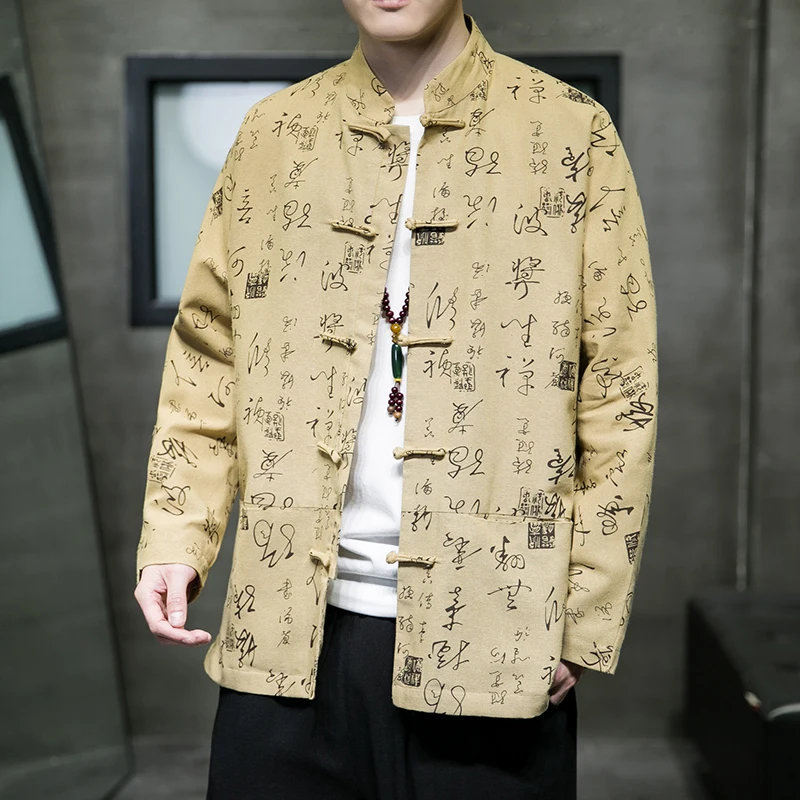 Chinese Style Men Clothing Spring Summer Cotton Linen Jackets for Men Chinese Character Print Jackets y2k Tang Suit Hanfu Coat