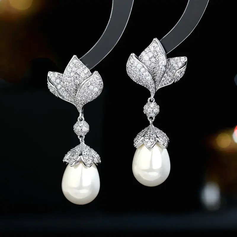 FXLRY s925 Silver Needle French Elegant Inlaid zircon Flower Drop Pearl Earrings For Women Wedding Bridal Jewelry