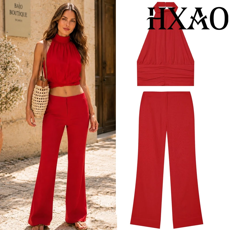 HXAO Red Women's Suits Linen Suit Pants 2 Piece Sets Ruched Halter Crop Top Office Casual Straight Leg Pants Two-Piece Set