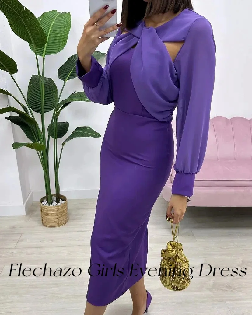 Flechazo Purple Satin Evening Dresses O-neck Cut-Out Tea-length Ruched Party Dress For Women 2024 vestidos para eventos especial