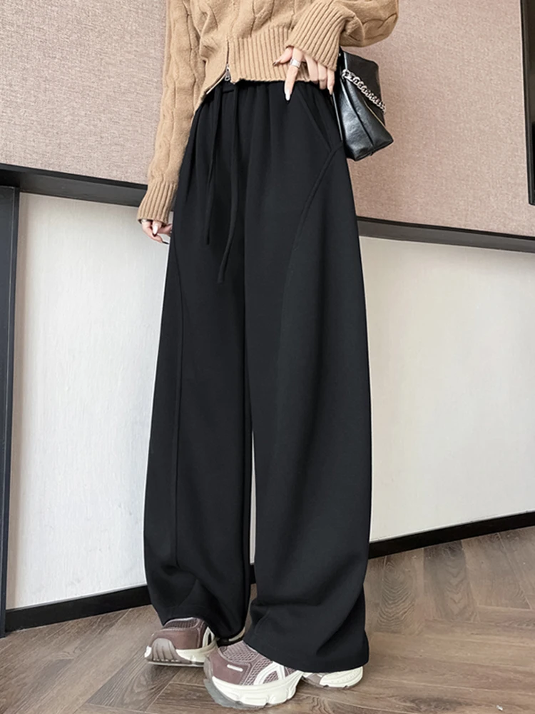 

Женские утепленные спортивные брюки на флисовой подкладке, свободные, с высокой талией, прямые, в пол, осенне-зимние, новые, черные