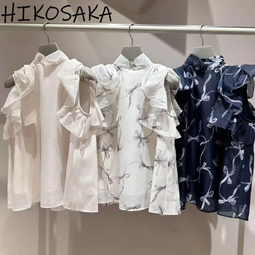 

Stand Collar Ruffles Sleeveless Elegant Blouse Women Japan Style Chic Vintage Print Casual Shirts Office Lady All-match Blusas