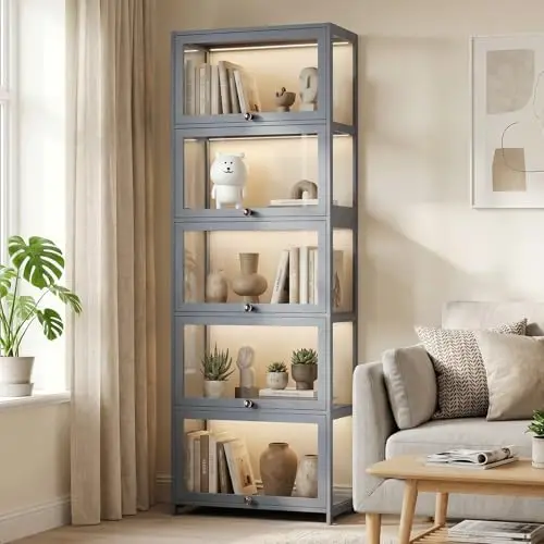 Display Cabinet, 5-Tier Display Case with Acrylic Doors, Large Curio Cabinet for Collectibles, Clear Showcase for