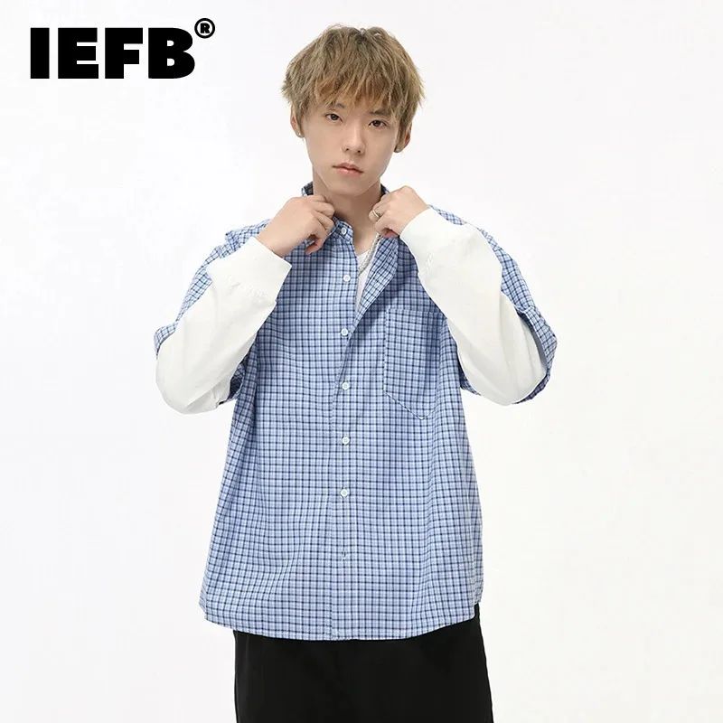 

IEFB Korean Style Men's Shirt Casual Fake Two-piece Plaid Contrast Color Lapel Long Sleeve Single Breasted Male Clothing 9C7309