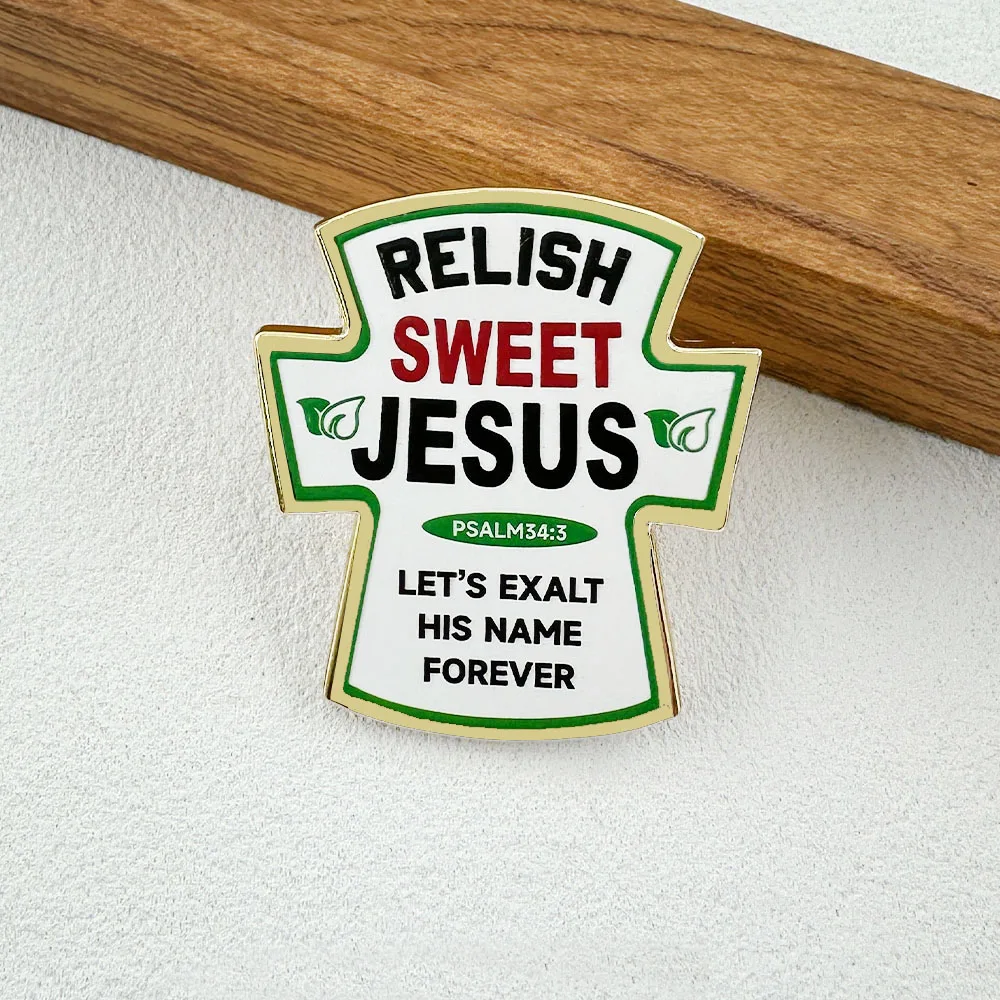 Relish Sweet Jesus Christ Cross Enamel Pin Psalm 34:3 Scripture Brooch Backpack & Jacket Christian Jewelry Accessory Faith Gift