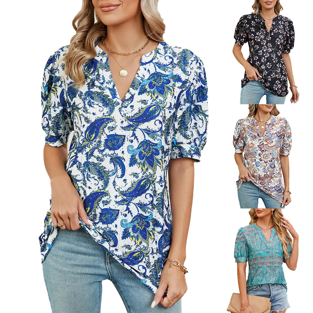 

Women's Bohemian Seaside Vacation Blouse Vintage 3D Floral Loose Casual Pullover Tops Summer Shorr Sleeve V-Neck Harajuku Shirt