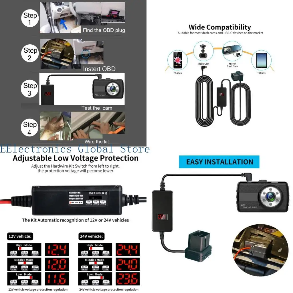 462B Universal OBD Charging Cable 3.26m Length Suitable for Car DVR Recording