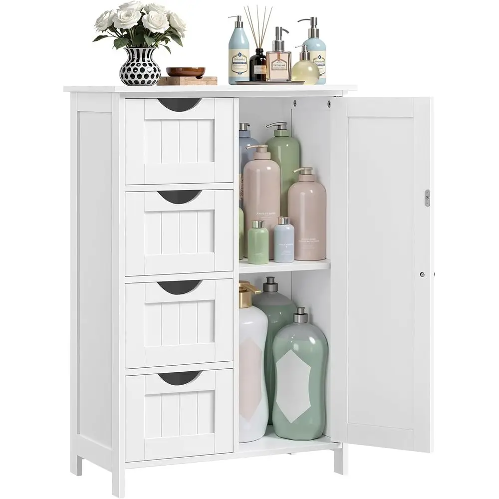 

Space-Saving White Storage Cabinet with Adjustable Shelves for Kitchen, Bathroom, and Living Room